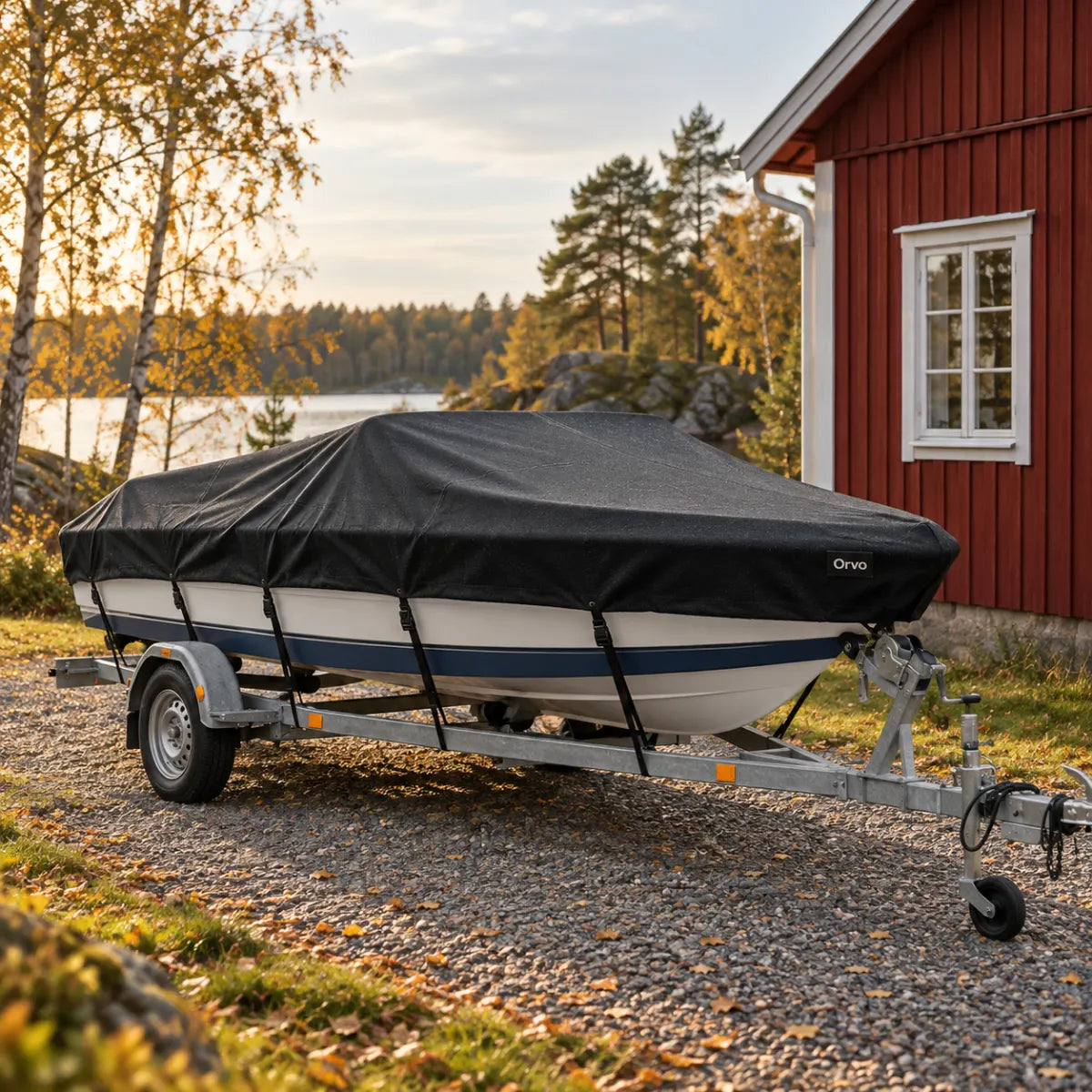 Abgedecktes Boot auf dem Trailer auf dem Kiesweg vor einem roten Holzhaus im Herbst