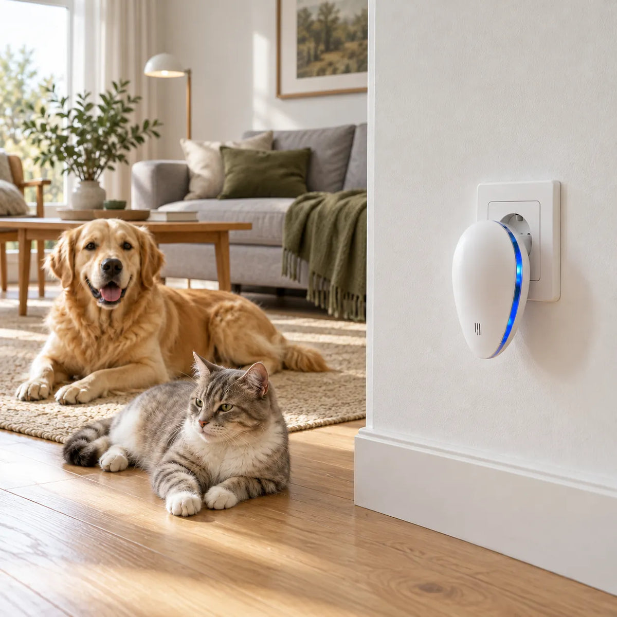 Golden Retriever und Katze liegen im Wohnzimmer neben PestGuard in der Steckdose