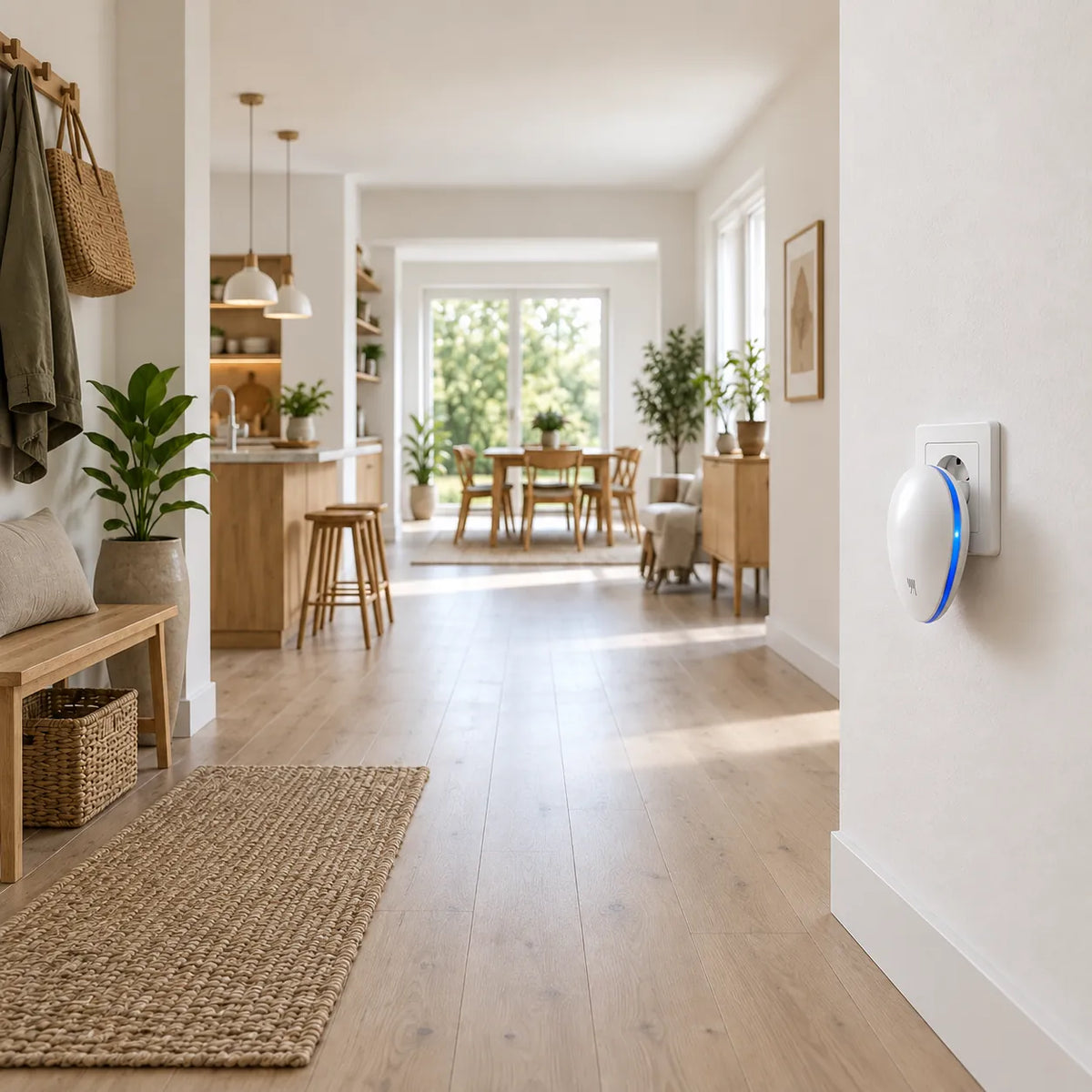 Heller Flur mit Eichenboden und PestGuard in der Steckdose an der Wand