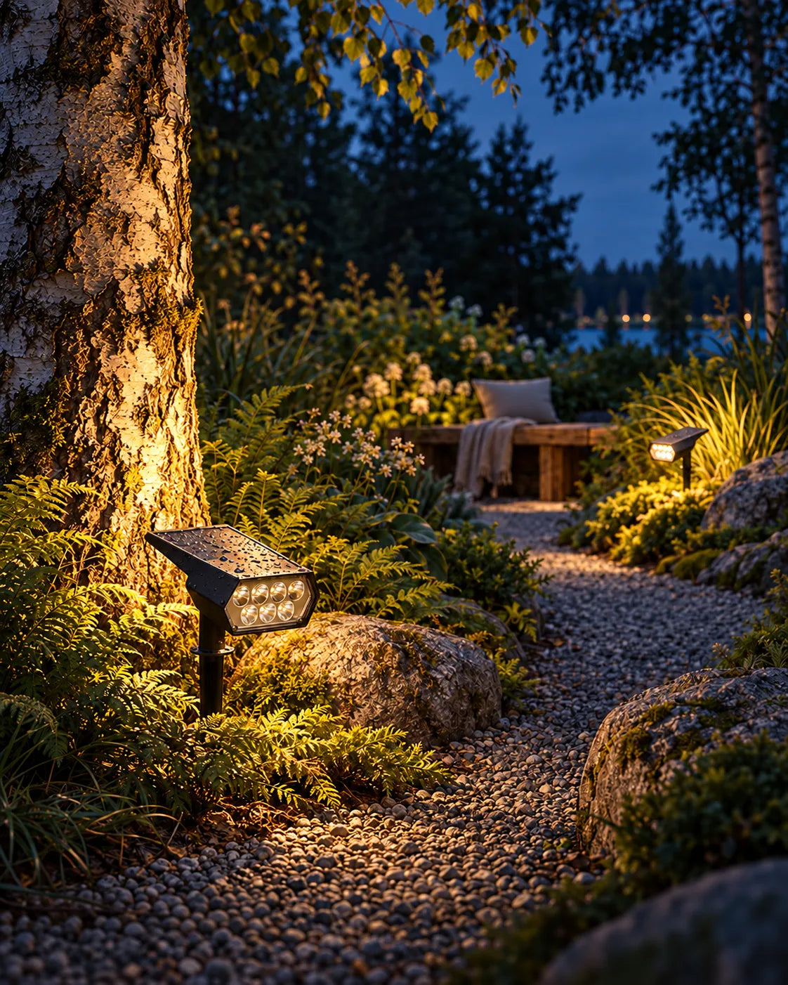 Garten am Abend mit einer vom Solarstrahler beleuchteten Birke, Kiesweg und Bank mit Decke