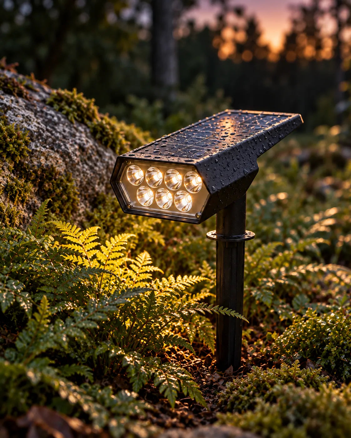ORVO Solar-Gartenstrahler mit sieben LEDs leuchtet in der Dämmerung zwischen Farnen an einem bemoosten Stein